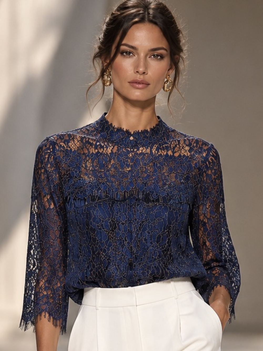 Laundry by Shelli Segal Midnight Blue Metallic Lace Blouse Size S NWT